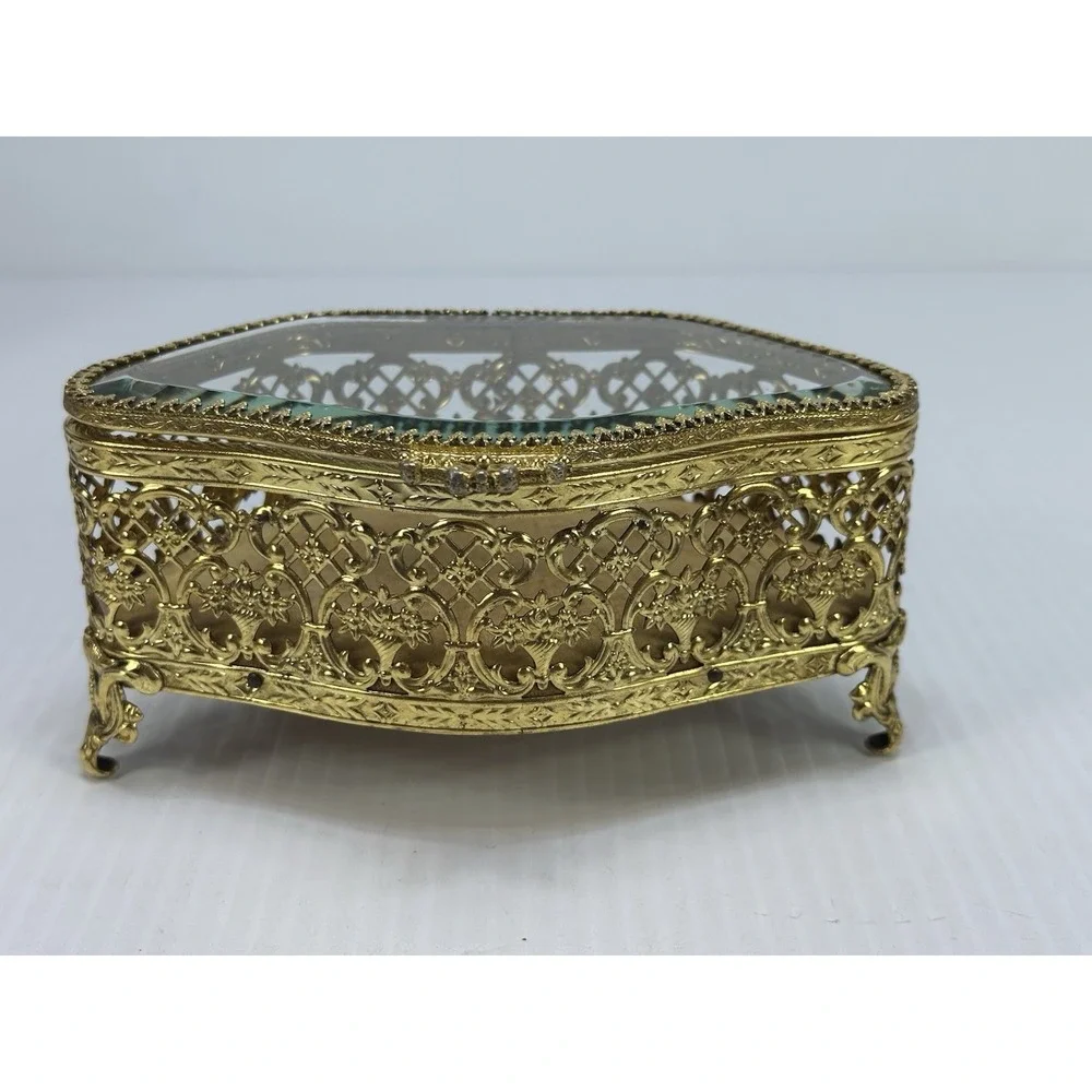 Vintage Jewelry Box Casket Filigree Ormolu Style Footed Hollywood Regency Glass